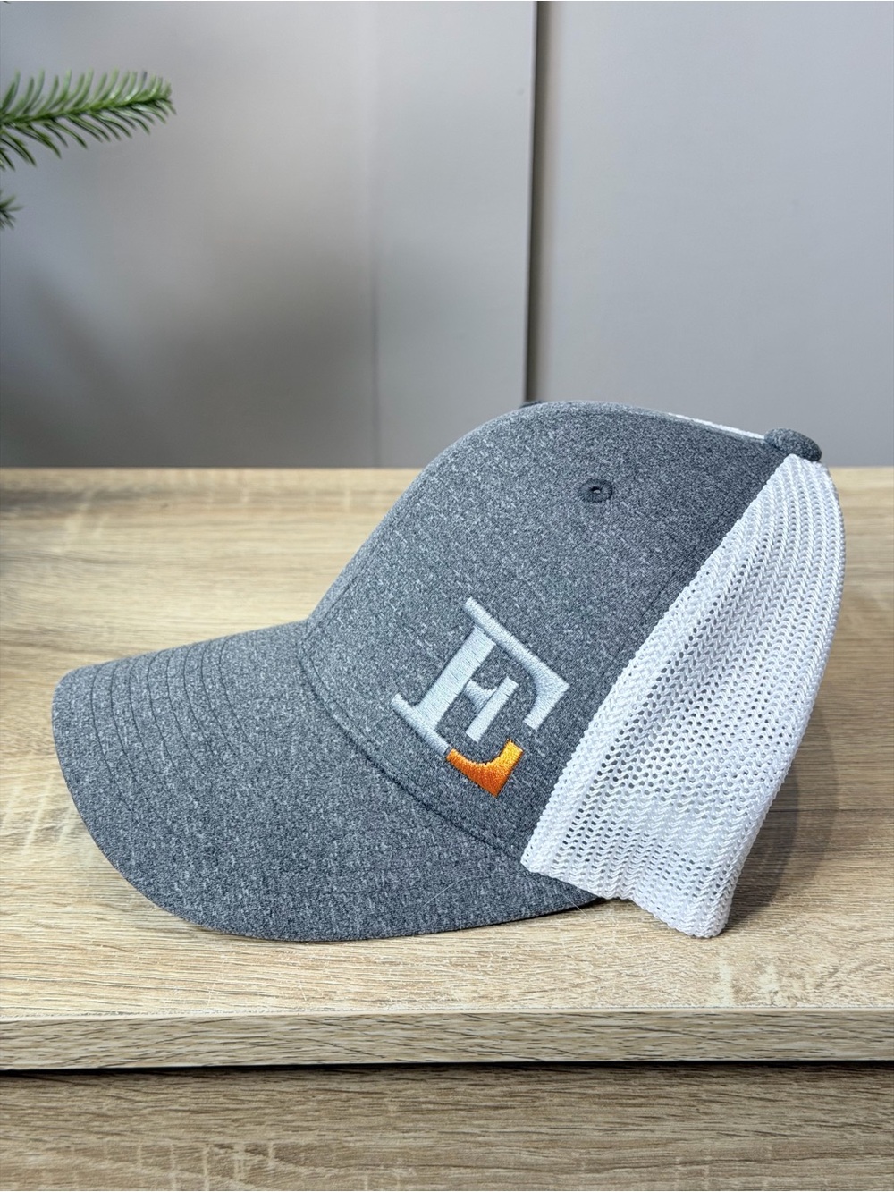 Flexfit Gray and White Trucker Hat with Embroidered 'E'
